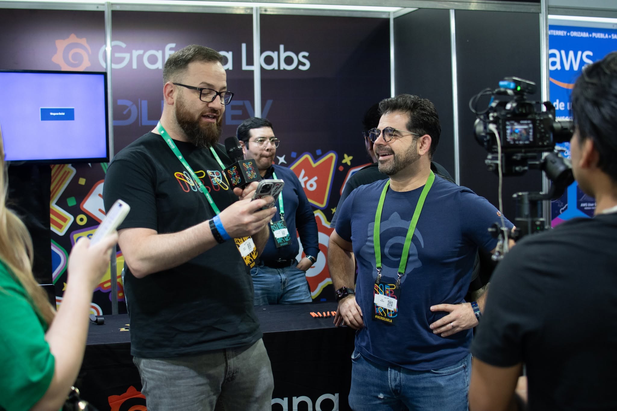 A live interview in front of the Grafana Labs booth, with camera and microphone